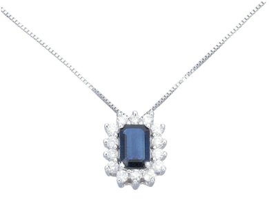 18k white gold flower necklace diamonds 0.22 & emerald cut blue sapphire 0.70.