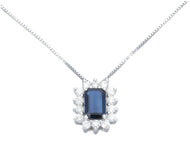 18k white gold flower necklace diamonds 0.22 & emerald cut blue sapphire 0.70.