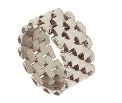 18k white gold band chain link cable mesh ring, 5 wires, smooth and hammered.
