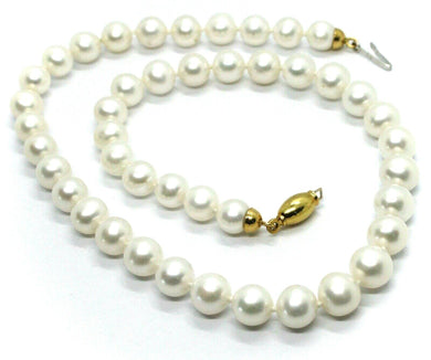 18k yellow gold big 9/9.5 mm round white freshwater pearls necklace, 45cm 18