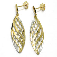 18K YELLOW WHITE GOLD PENDANT EARRINGS WORKED WAVY DOUBLE OVAL LEAF 4.5cm, 1.8