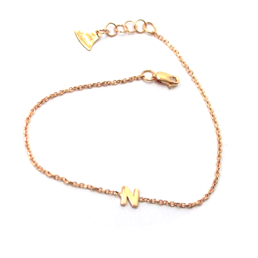 18k rose gold rolo thin bracelet with central small 5mm letter initial N.