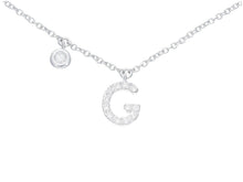 Load image into Gallery viewer, 18k white gold necklace, pendant mini initial letter G, 0.7 cm, 0.3&quot;, rolo chain.
