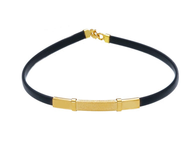 18K YELLOW GOLD BRACELET 5mm RECTANGULAR FLAT SMOOTH SATIN PLATE & BLACK RUBBER.