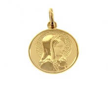 Load image into Gallery viewer, 18K YELLOW GOLD PENDANT ROUND VIRGIN MARY IN PRAYER 20mm MEDAL ENGRAVABLE.
