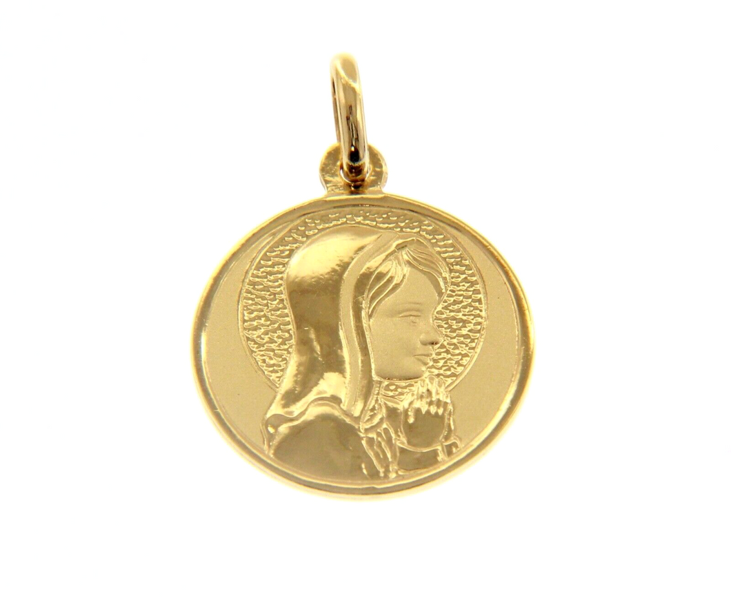 18K YELLOW GOLD PENDANT ROUND VIRGIN MARY IN PRAYER 20mm MEDAL ENGRAVABLE.