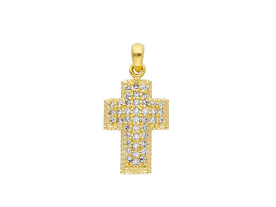 18K YELLOW GOLD 15mm SQUARED CROSS WITH WHITE ROUND CUBIC ZIRCONIA.
