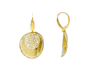 18K YELLOW GOLD PENDANT 38mm EARRINGS HONEYCOMB WORKED ONDULATE FLOWER CIRCLES.