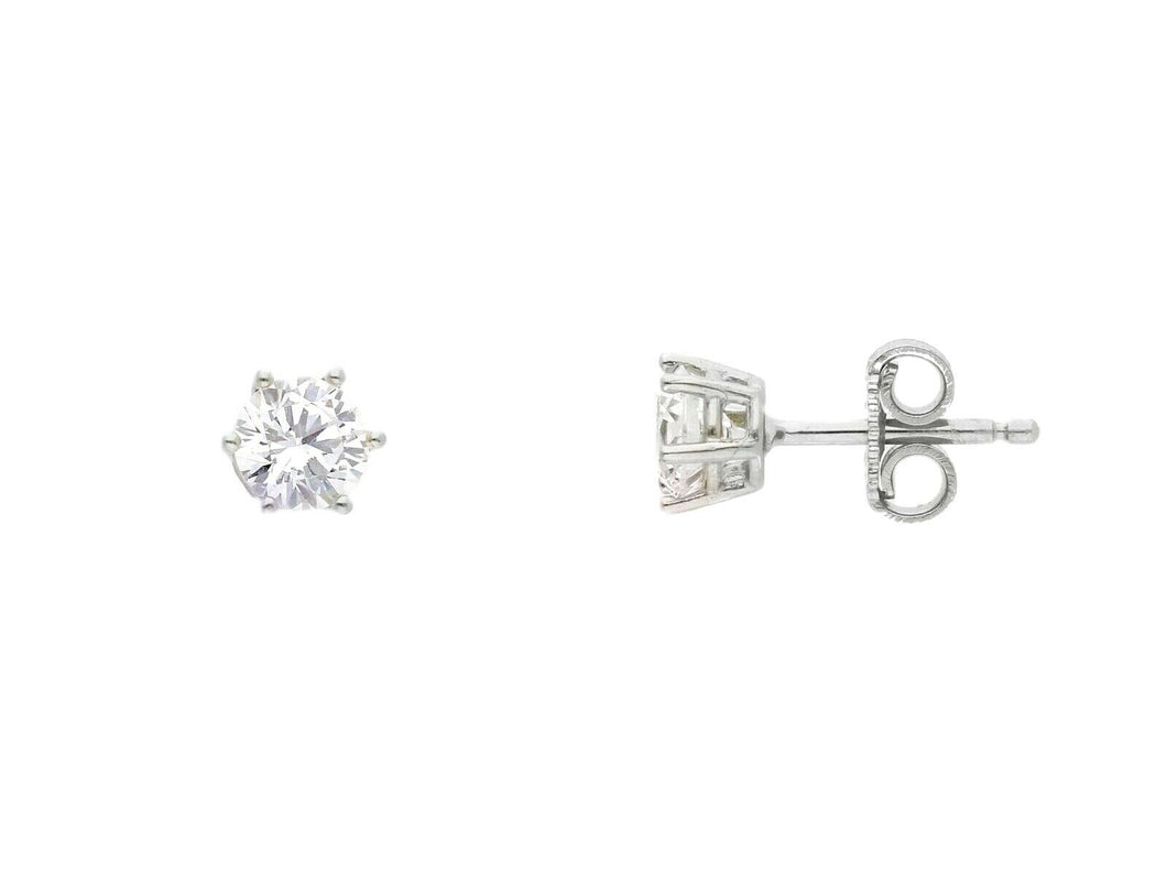 18K WHITE GOLD STUD EARRINGS WHITE 5mm CUBIC ZIRCONIA, 6 PRONG, SOLITAIRE