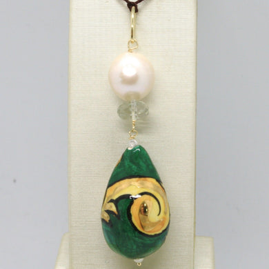 18k yellow gold pendant prasiolite pearl, ceramic big drop hand painted in Italy.