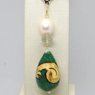 18k yellow gold pendant prasiolite pearl, ceramic big drop hand painted in Italy.