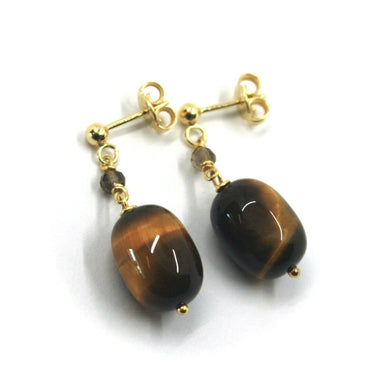 18k yellow gold 30mm pendant earrings, oval cylinder tiger eye, smoky quartz.