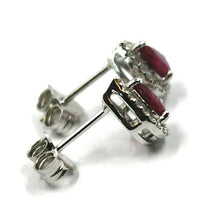 Load image into Gallery viewer, 18k white gold ruby earrings 0.83 carats, drop cut, diamonds frame 0.18 carats.
