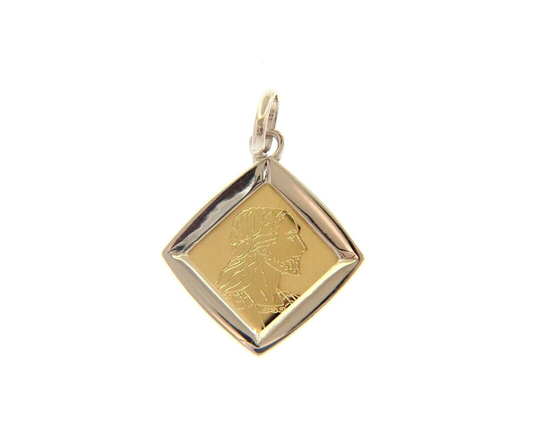 18K YELLOW WHITE GOLD RHOMBUS MEDAL 14mm PENDANT, JESUS FACE, ITALY MADE.