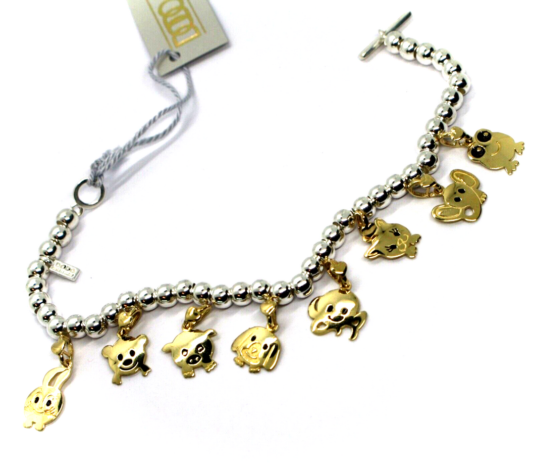 925 STERLING SILVER 5mm SPHERES BRACELET 9K YELLOW GOLD PUPPIES ANIMALS PENDANTS.
