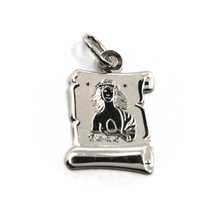 Load image into Gallery viewer, 18k white gold parchment medal pendant, 18mm zodiacal sign virgo, smooth &amp; satin.
