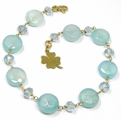 18k yellow gold bracelet oval faceted aquamarine agate, four leaf clover pendant.