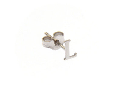 18K WHITE GOLD BUTTON SINGLE EARRING, FLAT SMALL LETTER INITIAL L 6mm 0.24
