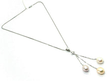 Load image into Gallery viewer, 18k white gold necklace with 3 pink purple white oval pearls pendant wires.
