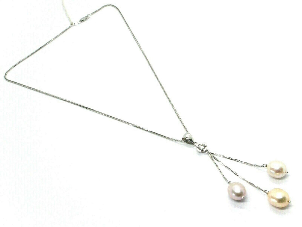 18k white gold necklace with 3 pink purple white oval pearls pendant wires.