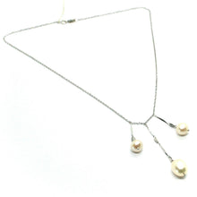 Load image into Gallery viewer, 18k white gold lariat necklace 3 pendant wires with pink pearls, rolo chain.

