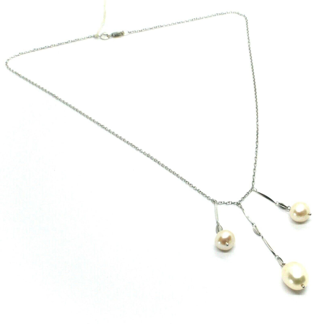 18k white gold lariat necklace 3 pendant wires with pink pearls, rolo chain.