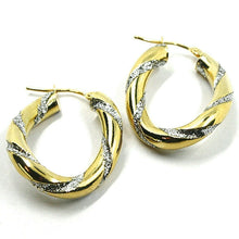 Load image into Gallery viewer, 18K YELLOW WHITE GOLD OVAL CIRCLE HOOPS PENDANT EARRINGS, 4mm TWISTED, GLITTER
