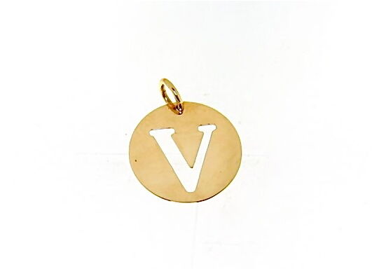 18K YELLOW GOLD LUSTER ROUND MEDAL WITH LETTER V MADE IN ITALY DIAMETER 0.5 IN.