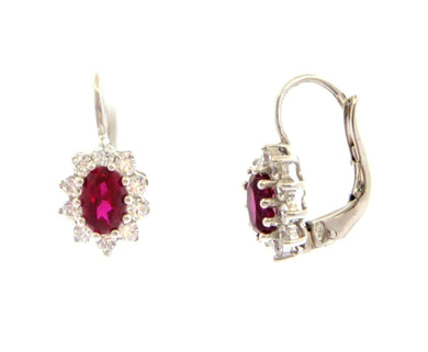 18k white gold flower leverback earrings oval red crystal cubic zirconia frame.