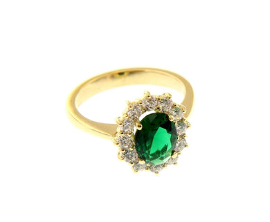 18K YELLOW GOLD FLOWER RING BIG OVAL 9x7mm GREEN CRYSTAL CUBIC ZIRCONIA FRAME.