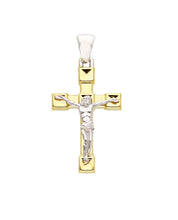 Load image into Gallery viewer, 18K YELLOW WHITE GOLD SQUARED CUBES CROSS PENDANT, SMOOTH, JESUS CHRIST, 27mm.
