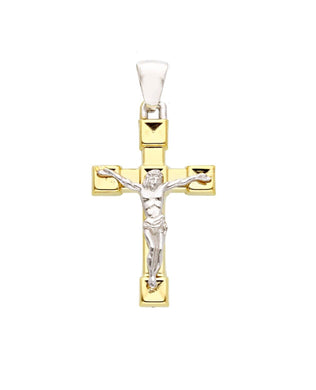 18K YELLOW WHITE GOLD SQUARED CUBES CROSS PENDANT, SMOOTH, JESUS CHRIST, 27mm.