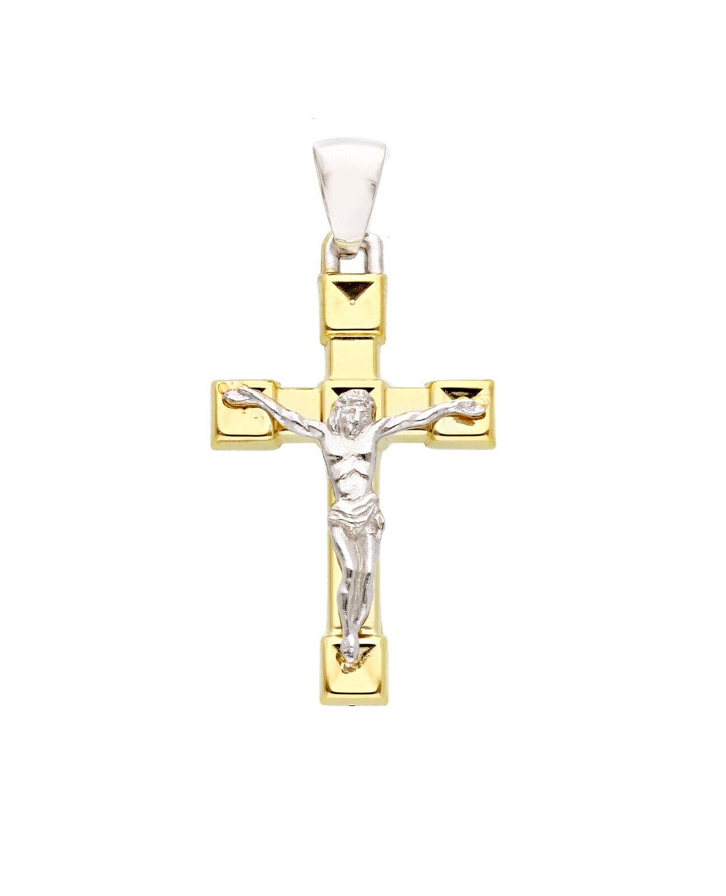 18K YELLOW WHITE GOLD SQUARED CUBES CROSS PENDANT, SMOOTH, JESUS CHRIST, 27mm.