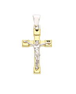 18K YELLOW WHITE GOLD SQUARED CUBES CROSS PENDANT, SMOOTH, JESUS CHRIST, 27mm.