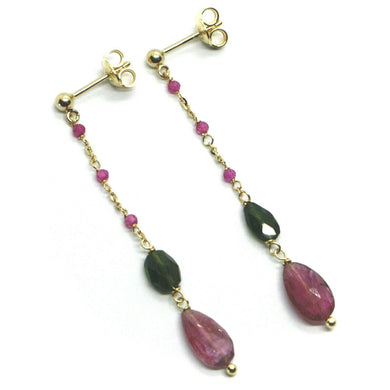 18k yellow gold pendant earrings, purple green tourmaline drop, cubic zirconia.