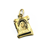18k yellow gold parchment medal 13x18mm Virgin Mary and Jesus Christ pendant.