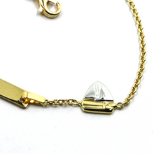 Load image into Gallery viewer, 18k yellow gold kid child boy bracelet with yellow white boat &amp; engraving plate.
