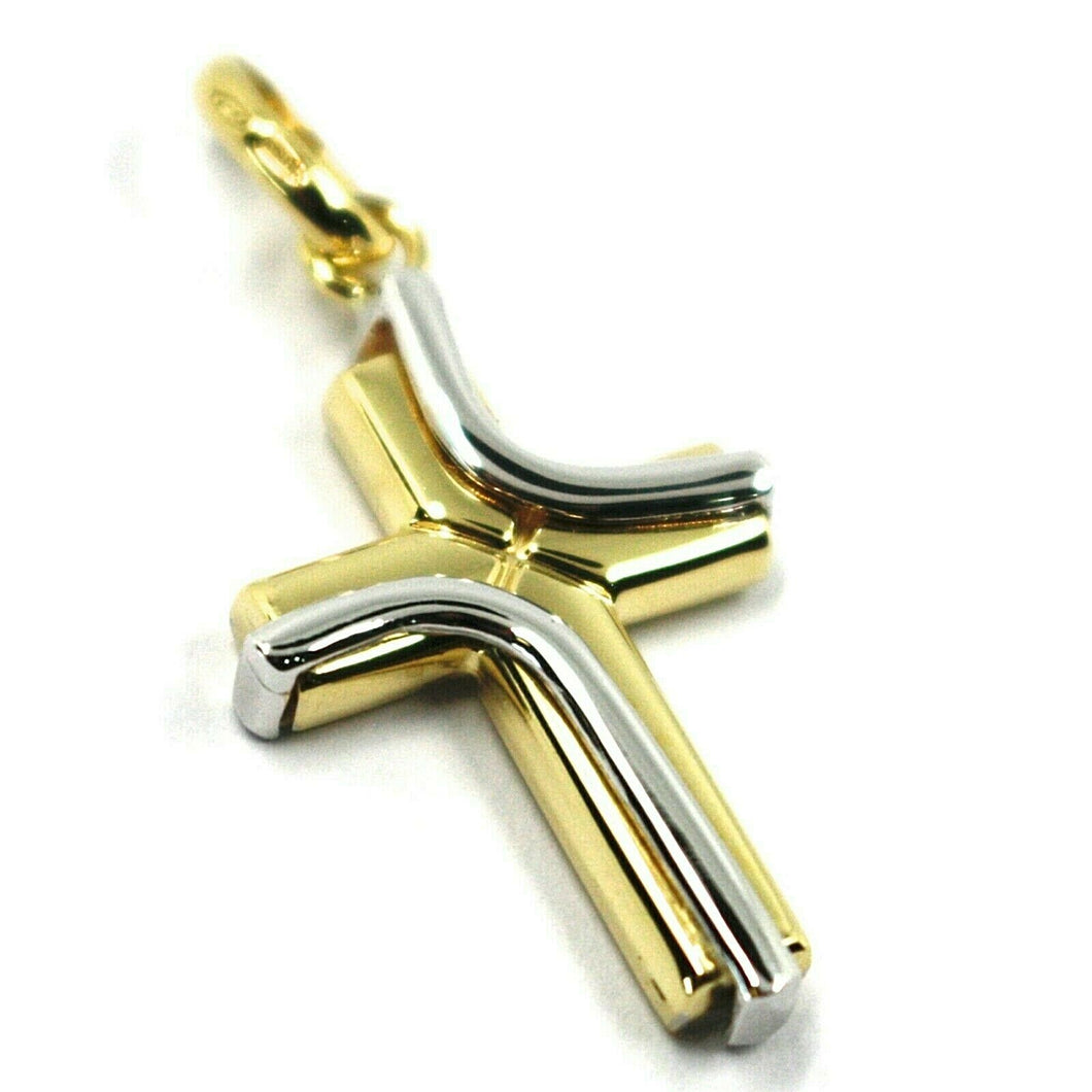 18k yellow & white gold cross pendant, double wave, two faces, 1.18 inches.