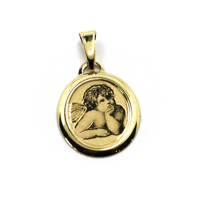 18k yellow gold oval flat medal 15x17mm Guardian Angel protector pendant.