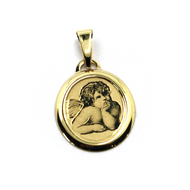 18k yellow gold oval flat medal 15x17mm Guardian Angel protector pendant.