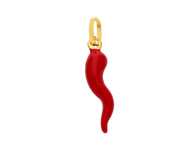 18K YELLOW GOLD RED ENAMEL HORN CORNICELLO LENGTH 20mm PENDANT, MADE IN ITALY.