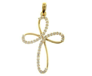 18K YELLOW GOLD 17mm ONDULATE FLOWER CROSS WITH WHITE ROUND CUBIC ZIRCONIA.
