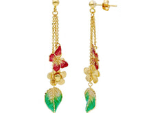 Load image into Gallery viewer, 18K YELLOW GOLD PENDANT 60mm EARRINGS FINELY WORKED ENAMEL FLOWER LEAF BUTTERFLY.
