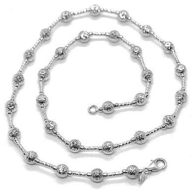 18k white gold chain finely worked 5 mm ball spheres and tube link, 15.8 inches.