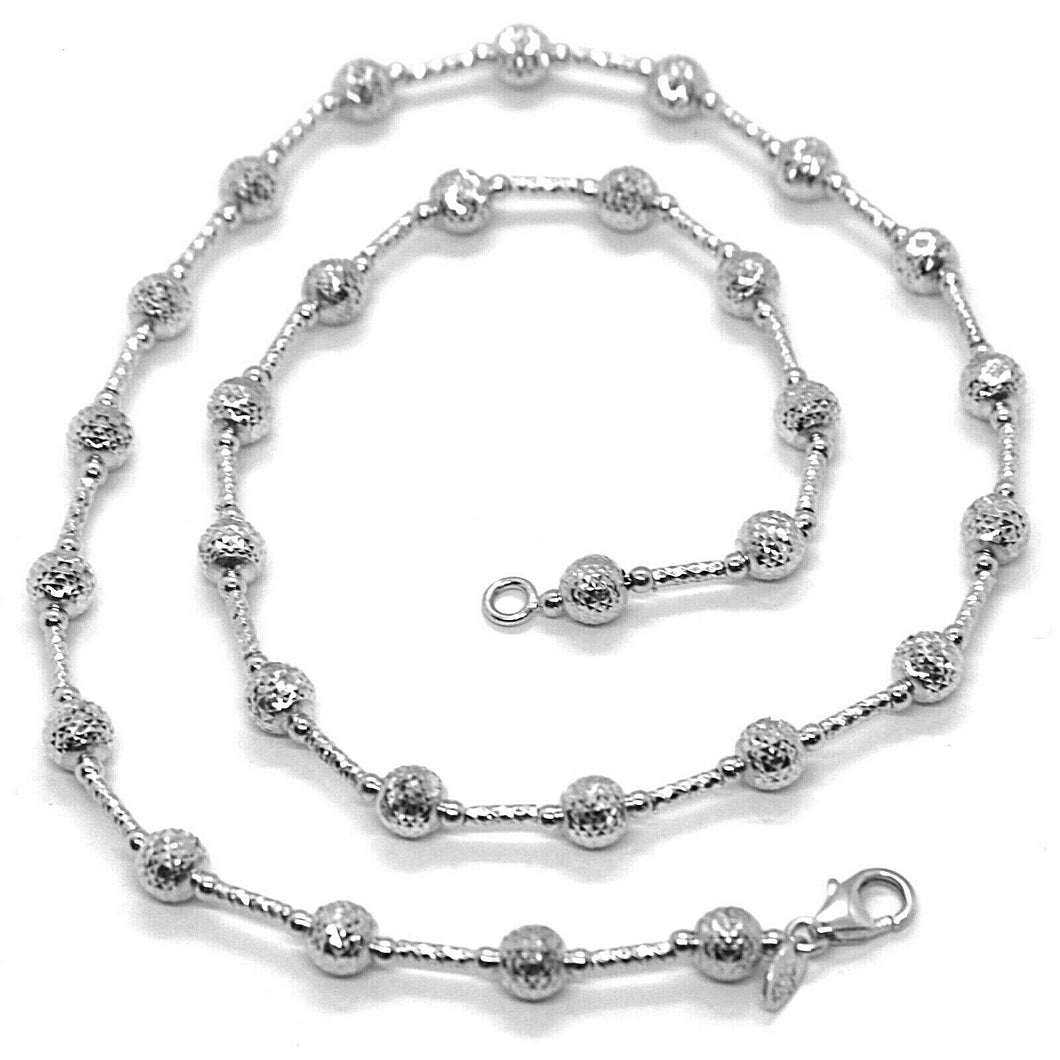 18k white gold chain finely worked 5 mm ball spheres and tube link, 15.8 inches.