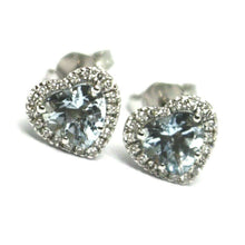 Load image into Gallery viewer, 18k white gold love heart earrings aquamarine with diamonds frame, diameter 9 mm
