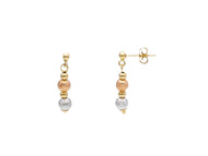 18K YELLOW WHITE ROSE GOLD PENDANT EARRINGS, WORKED 3mm SPHERES, LENGTH 13mm.