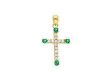 Load image into Gallery viewer, 18K YELLOW GOLD SMALL 12mm CROSS WITH WHITE &amp; GREEN ROUND CUBIC ZIRCONIA.
