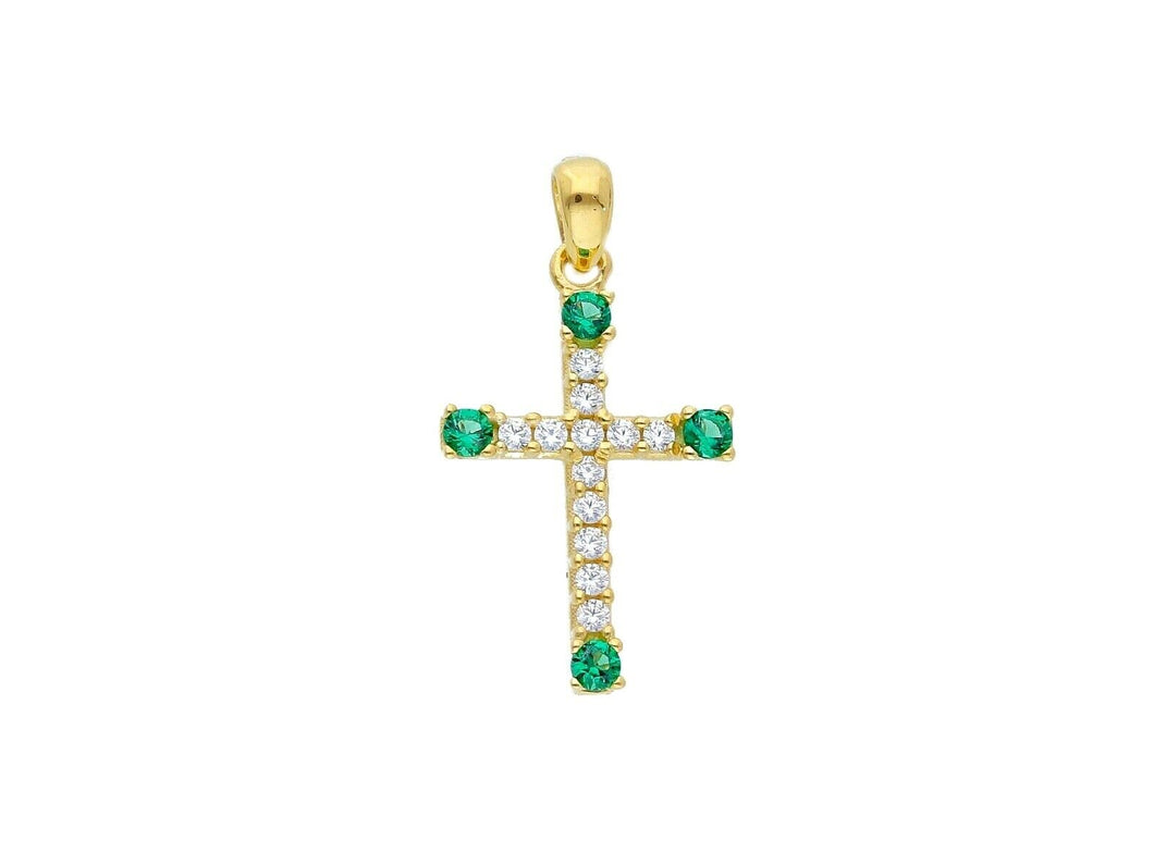 18K YELLOW GOLD SMALL 12mm CROSS WITH WHITE & GREEN ROUND CUBIC ZIRCONIA.