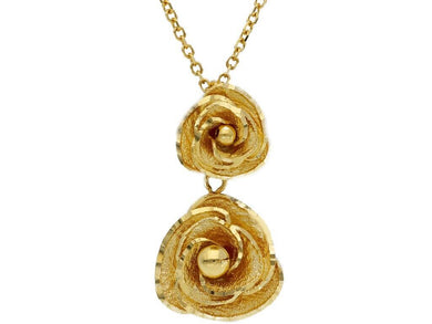 SOLID 18K YELLOW GOLD NECKLACE FINELY WORKED DOUBLE FLOWERS WITH PETALS PENDANT.